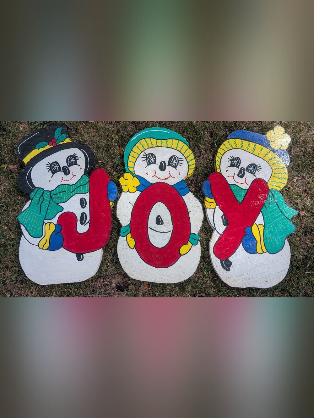 Vintage Winfield Hand Painted Wood Christmas JOY Snowmen Lawn Decor Art Set of 3